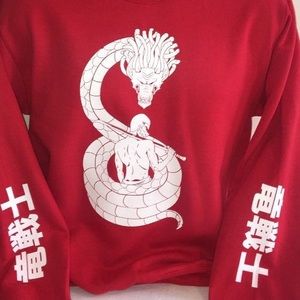 Red Graphic Pullover Sweatshirt with White Samurai Dragon Motif